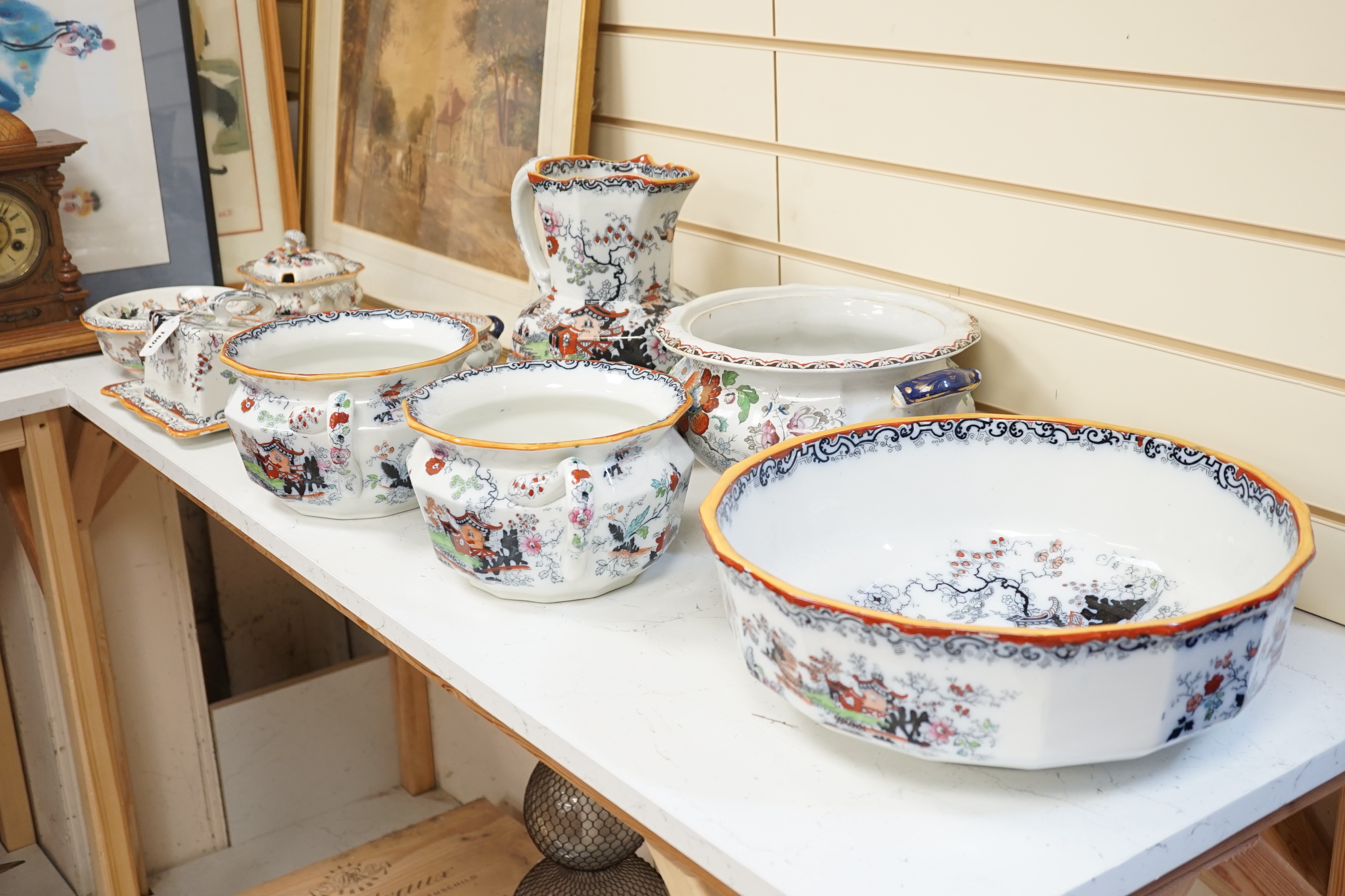 Victorian Masons Ironstone landscape pattern items to include a cheese dish, two chamber pots, Are you are and basin and other various roles or dishes